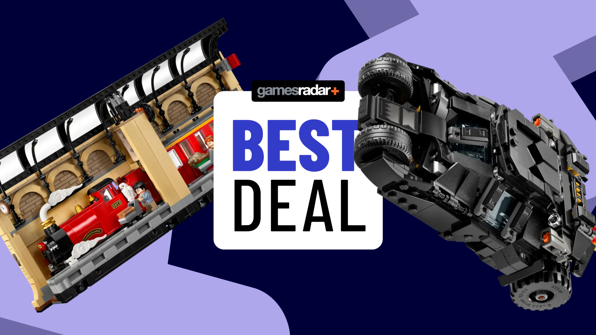 Lego Hogwarts Express Book Nook and Batman Tumbler on either side of a GamesRadar+ 'best deal' badge, all against a blue background