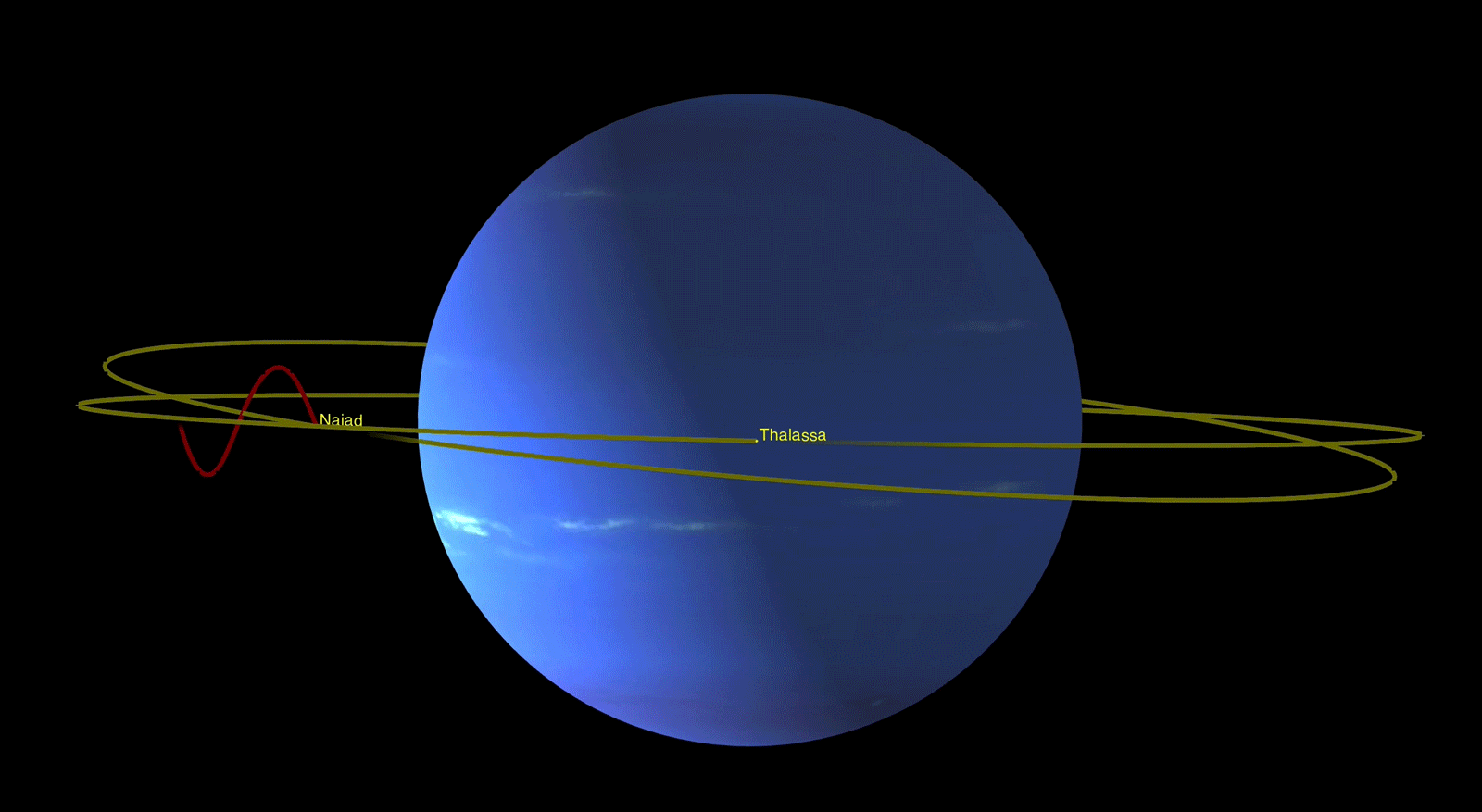 An animation shows how Naiad and Thalassa dodge one another on their nearly-overlapping orbits. The point of view in this animation follows Thalassa, so it always appears to be in the center of the image, but both moons wobble relative to one another.