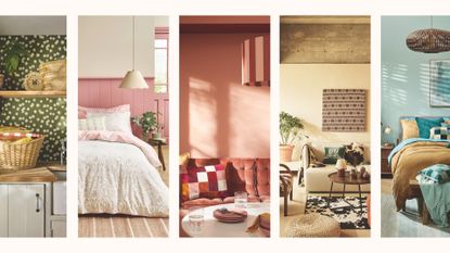 Compilation image of different rooms in the house to show key spring decor trends for 2026