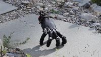 A disembodied robot hand walking on a paving slab in horrifying fashion