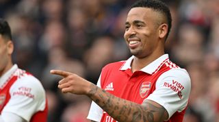 Gabriel Jesus of Arsenal celebrates after scoring his team's third goal during the Premier League match between Arsenal and Leeds United at the Emirates Stadium on April 1, 2023 in London, England.