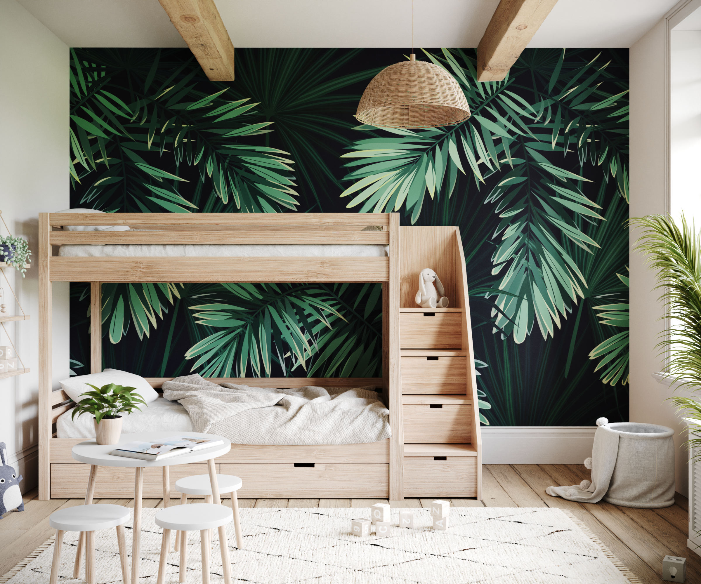 wooden bunkbeds with steps including drawers and bold green leafy wallpaper mural on wall