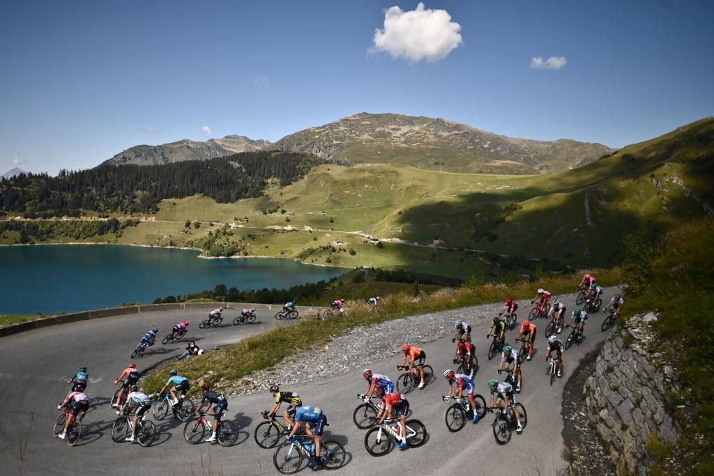 The pack rides during the 18th stage of the 107th edition of the Tour de France cycling race 168 km between Meribel and La Roche sur Foron on September 17 2020 Photo by Marco BERTORELLO AFP Photo by MARCO BERTORELLOAFP via Getty Images