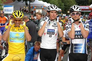 Alberto Contador, Andy and Frank Schleck are presented before the race.