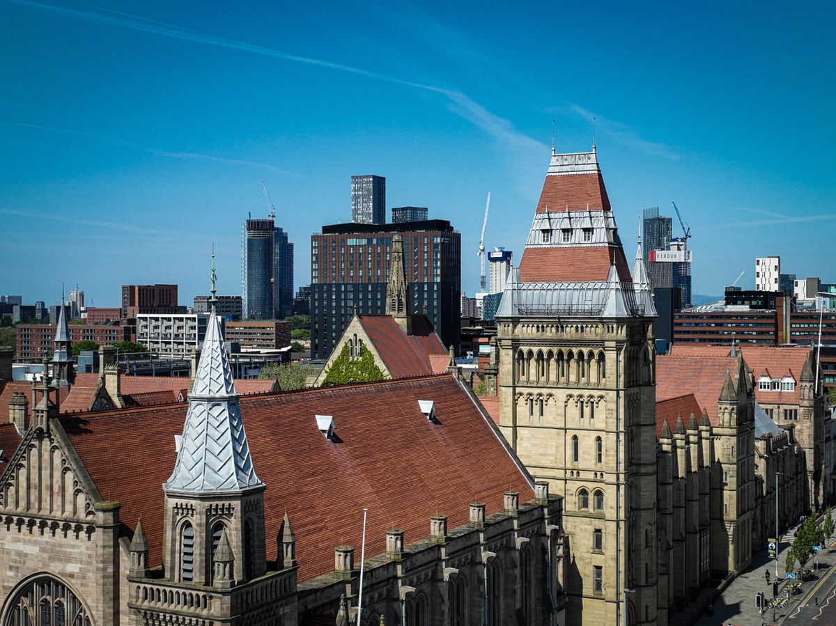 University of Manchester rooftop’s on Oxford Road in Manchester, England - an aerial photograph