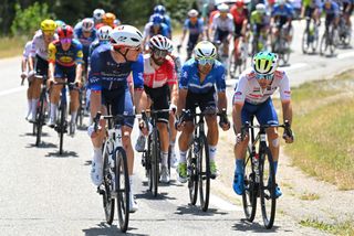 SUPERDEVOLUY LE DEVOLUY FRANCE JULY 17 LR Stefan Kung of Switzerland and Team Groupama FDJ and Matteo Vercher of France and Team TotalEnergies compete during the 111th Tour de France 2024 Stage 17 a 1778km stage from SaintPaulTroisChateaux to Superdevoluy 1500m UCIWT on July 17 2024 in Superdevoluy Le Devoluy France Photo by Tim de WaeleGetty Images