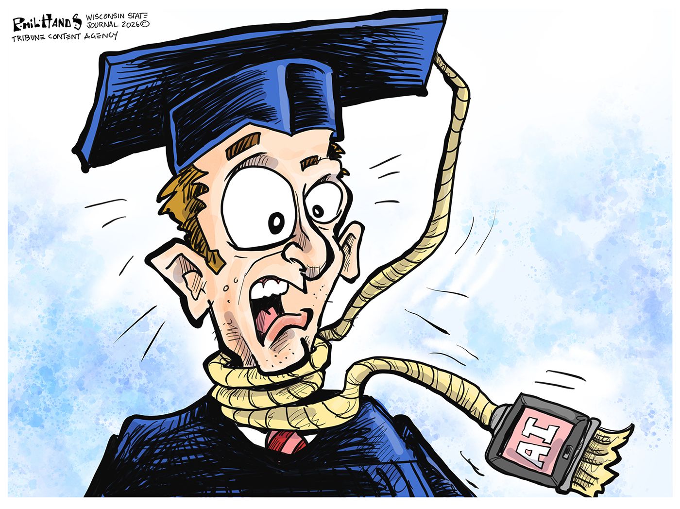 
                                A male college graduate is being strangled by the tassel on his cap, which has an “AI” tag at the end.
                            