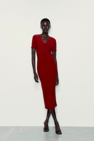Red Color Trend 2023 | Zara Flowy Draped Fitted Dress 