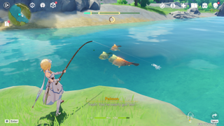 The traveler is attempting to catch a fish at one of the Genshin Impact fishing locations
