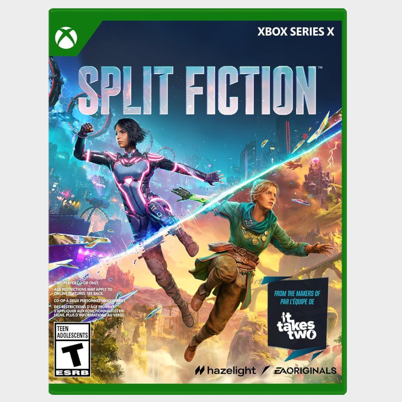Split Fiction Xbox box on a plain background
