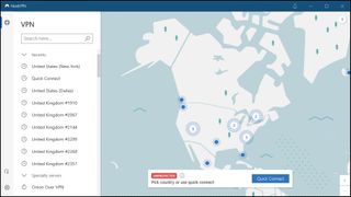 The NordVPN Windows app displaying its map of US servers