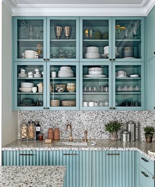 Colorful kitchen with blue cabinets