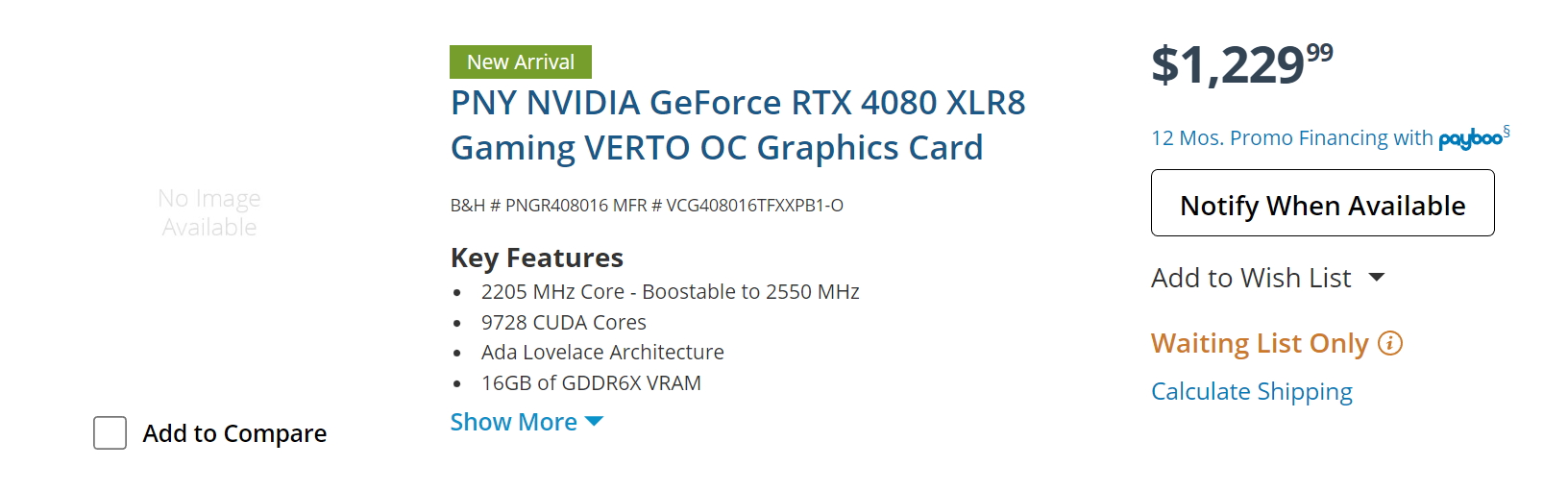 Screenshot of B&H website showing where to buy RTX 4080, notify when available