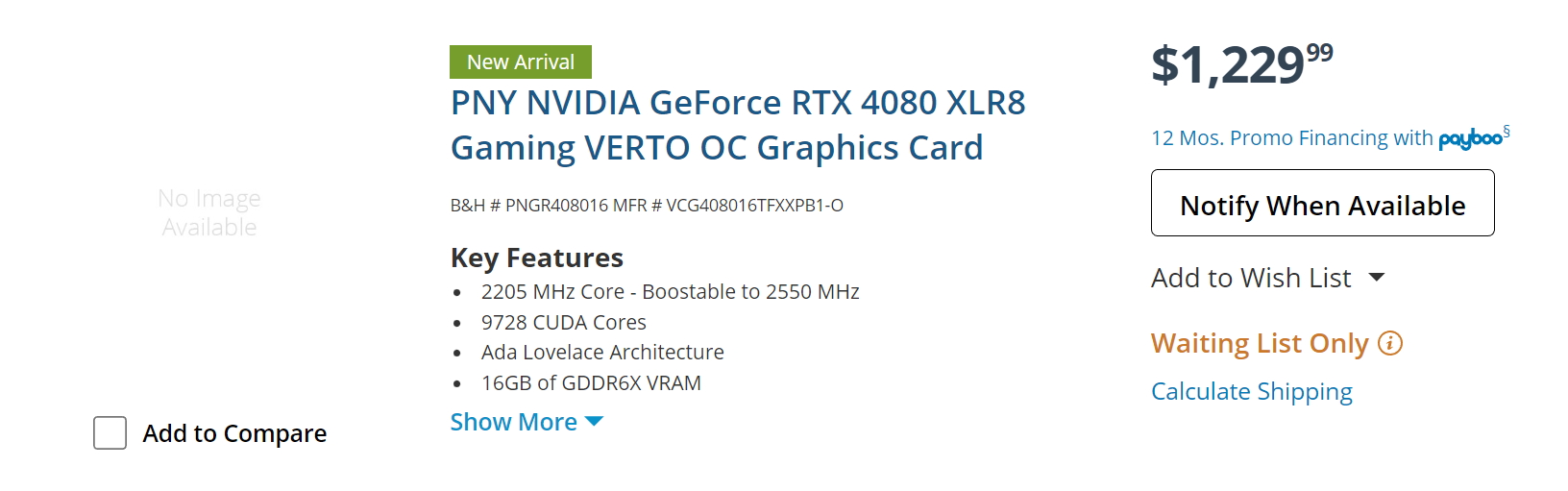 Captura de tela do site da B&H com o botão Notificar quando disponível mostrando onde comprar o RTX 4080