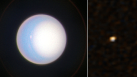 A blurred white and blue sphere next to a tiny orange and blue blob