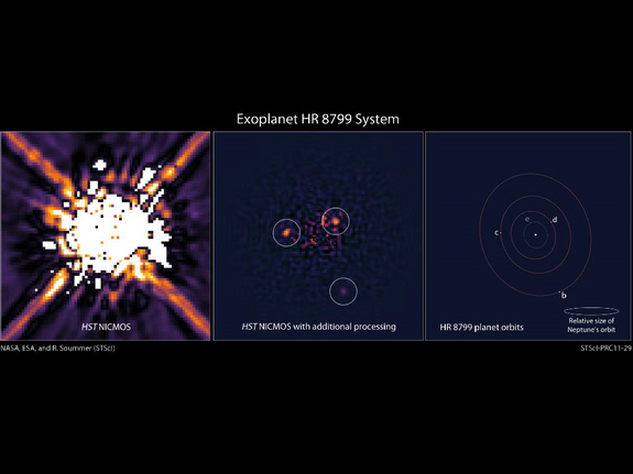 The left image shows the star HR 8799 as seen by Hubble's Near Infrared Camera and Multi-Object Spectrometer (NICMOS) in 1998. The center image shows recent processing of the NICMOS data with newer, sophisticated software. Further processing reveals three planets orbiting HR 8799. The illustration on the right shows the positions of the star and the orbits of its four known planets.