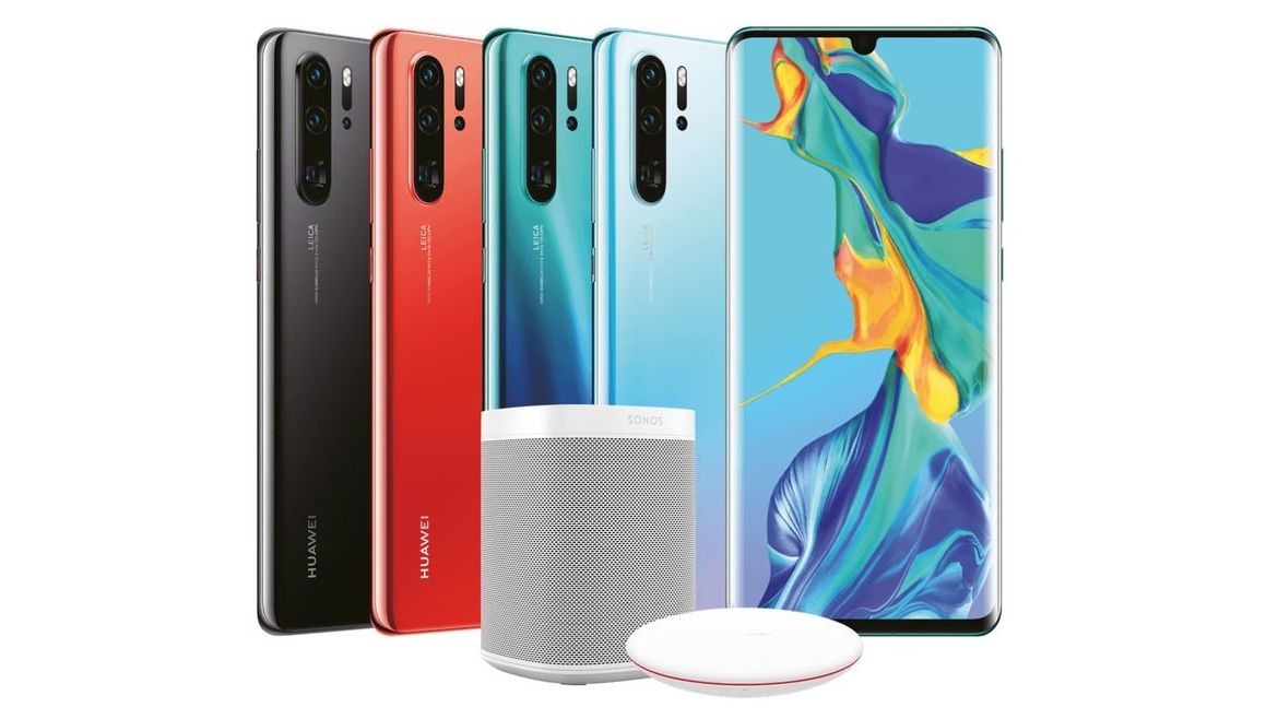 The Huawei P30 Pro alongside a Sonos One and wireless charger. Image credit: Huawei
