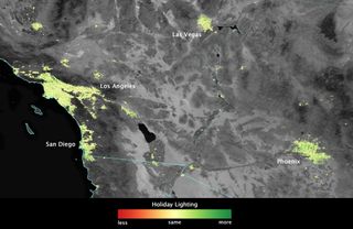 Image showing how Los Angeles, Las Vegas, San Diego and Phoenix shine more brightly during December. Scientists used data from the NASA-NOAA Suomi NPP satellite to create this view.