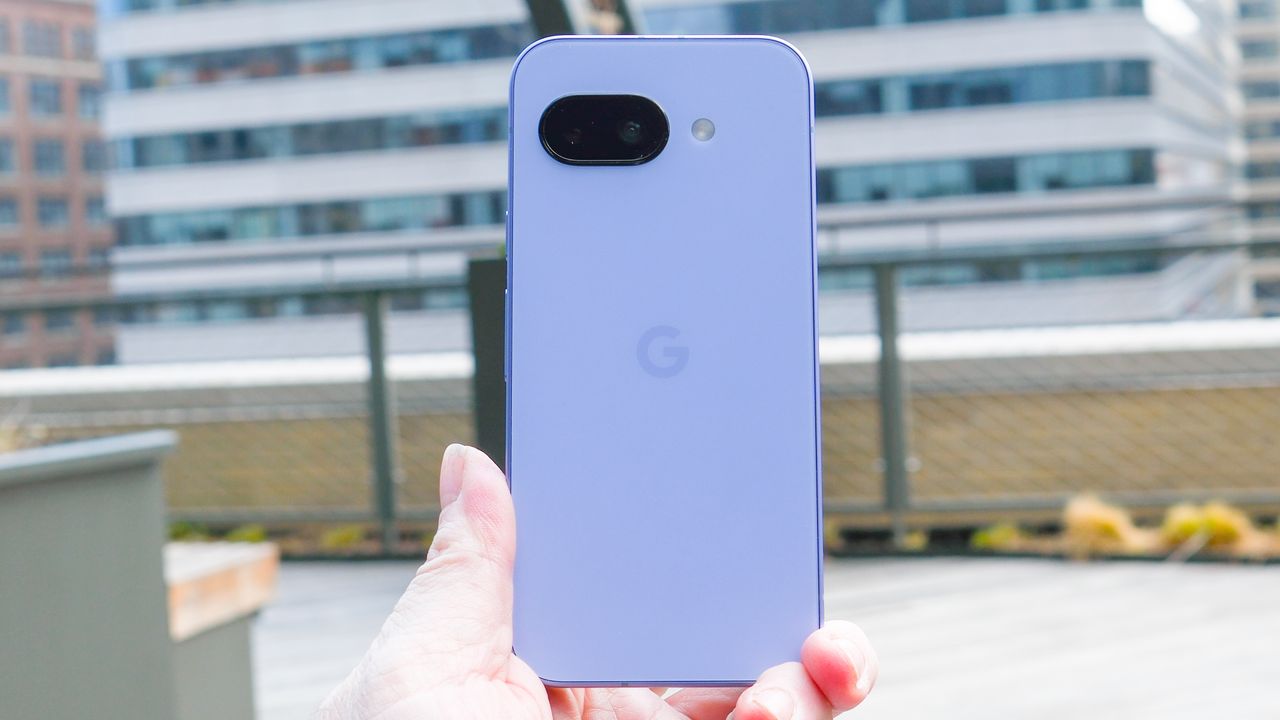 Google Pixel 9a in black, peony pink, iris, and porcelain, showing back cover with camera and home screen