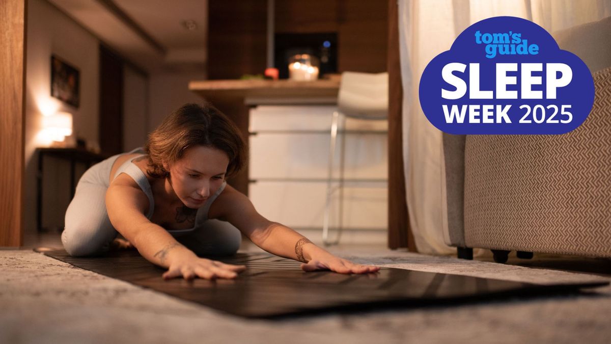 A woman practising yoga in the evening before bed with a Sleep Week 2025 logo in the corner of the image