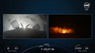 side-by-side shots of a rocket's first stage landing at night.