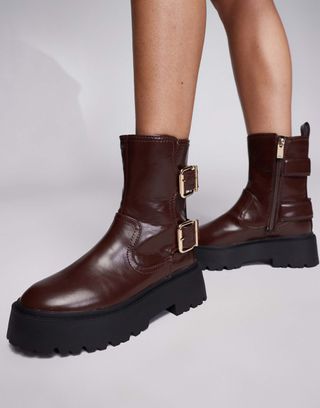 River Island Chunky Biker Boot in Burgundy