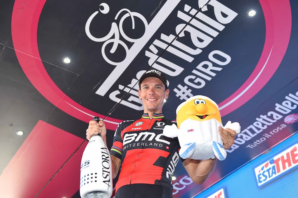 Philippe Gilbert on the stage 18 podium after his second win of the 2015 Giro.