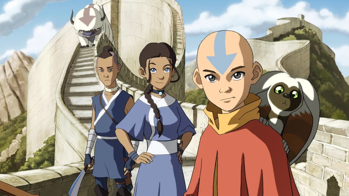 Aang, Sokka and Katara standing on a stone wall during the series Avatar: The Last Airbender