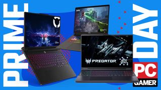 Three gaming laptops on a blue and red Amazon Prime Day background with the PC Gamer logo in the bottom right