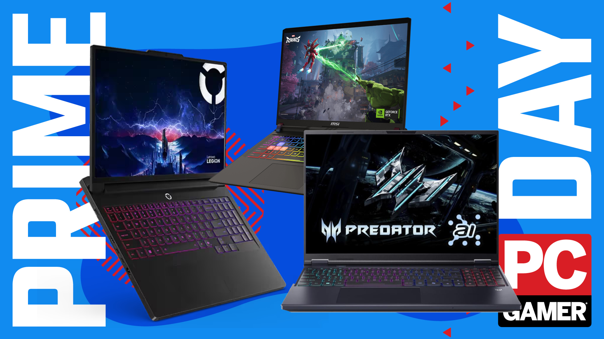 Three gaming laptops on a blue and red Amazon Prime Day background with the PC Gamer logo in the bottom right