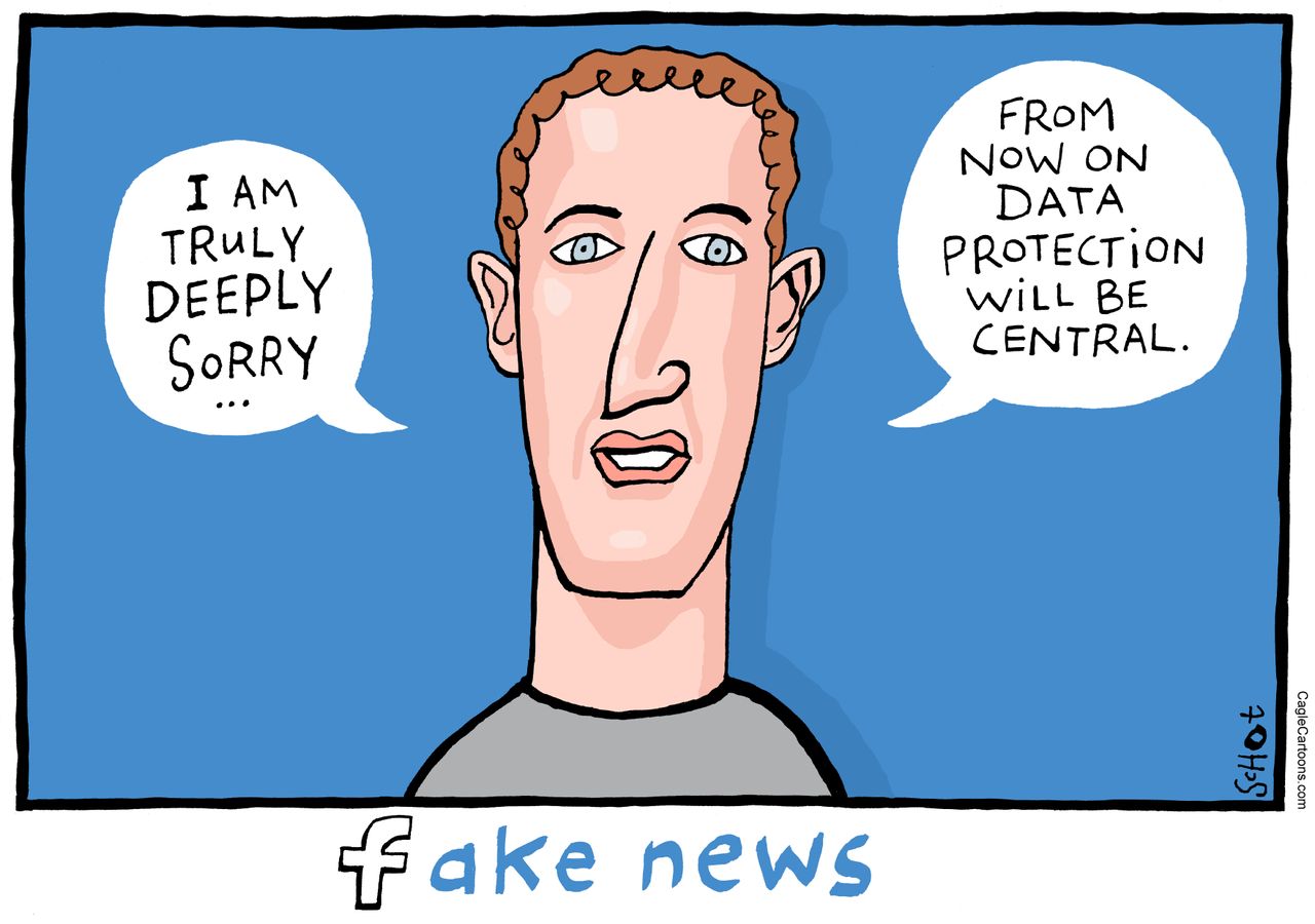 Political cartoon U.S. Mark Zuckerberg Facebook fake news data protection data breach Cambridge Analytica