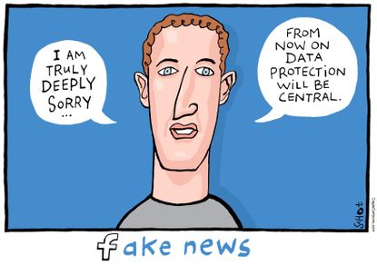 Political cartoon U.S. Mark Zuckerberg Facebook fake news data protection data breach Cambridge Analytica