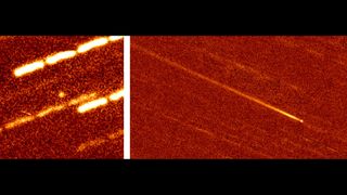 On the left, comet 323P/SOHO observed by the Subaru Telescope in December 2020. On the right, an image of the comet taken in February by the Canada-France Telescope.