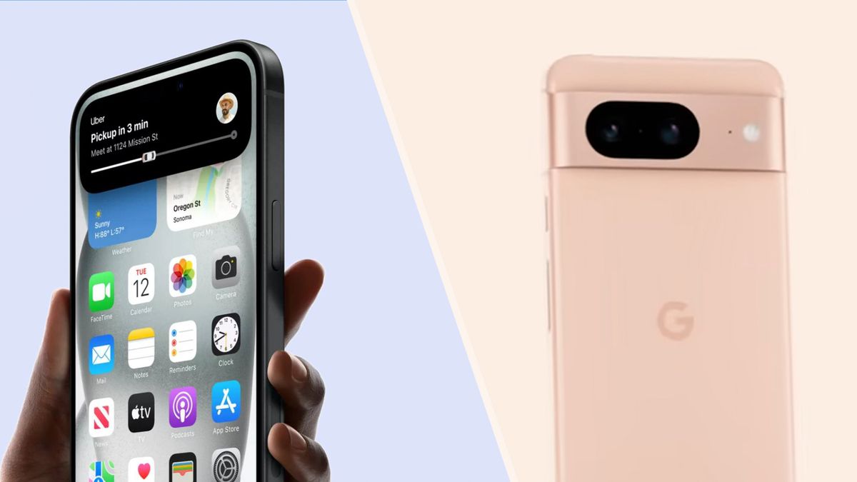 iPhone 15 with display facing camera on the left and Google Pixel 8 with back of phone facing camera