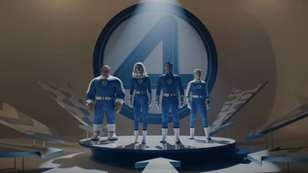 The main quartet of The Fantastic Four: First Steps standing on an elaborate stage