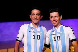 Oscar Sevilla and Miguel Angel Lopez (Team Medellin-EPM) wear a jersey showing the flag of Argentina and the number 10 of Lionel Messi during the 39th Vuelta a San Juan International 2023