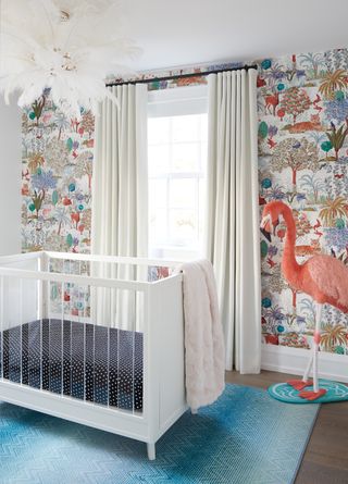 kids bedroom with nature wallpaper