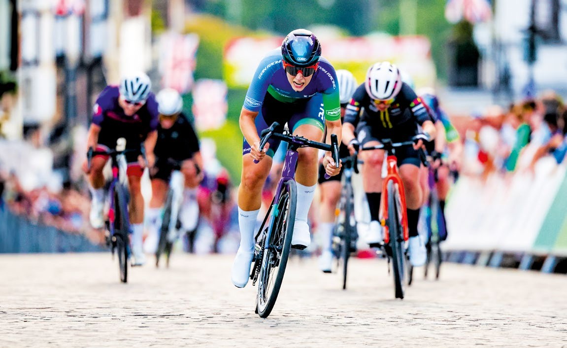 Cobbled crit On the cobbles of Guildford town centre, Sophie Lewis of DAS- Hutchinson launches her sprint to win the Guildford GP last week. It might be a crit, but the photo clearly shows the tough gradient.