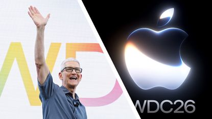 Tim Cook waving alongside an image of the WWDC 2026 logo