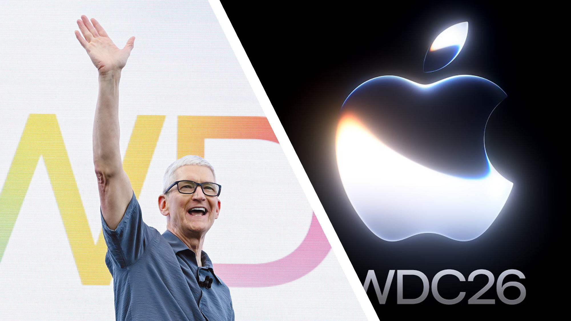 Tim Cook waving alongside an image of the WWDC 2026 logo