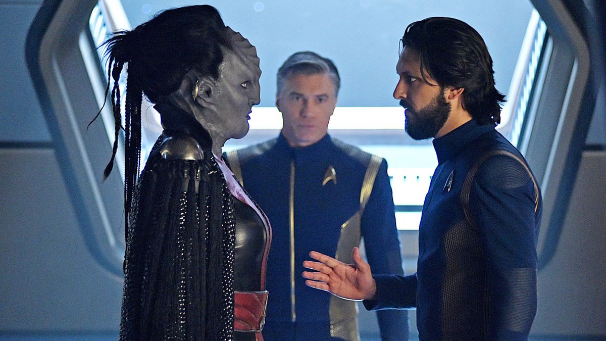 In &quot;Star Trek: Discovery,&quot; Mary Chieffo stars as the Klingon L&#039;Rell (left), Anson Mount is Captain Pike (center) and Shazad Latif plays Ash Tyler.