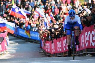 Dunbar during the stage 20 Monte Lussari time trial last year, where he'd drop from fifth to seventh overall