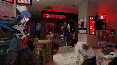 A game screen shows an armed blue-haired woman facing zombies in a bloody subway station littered with bodies.