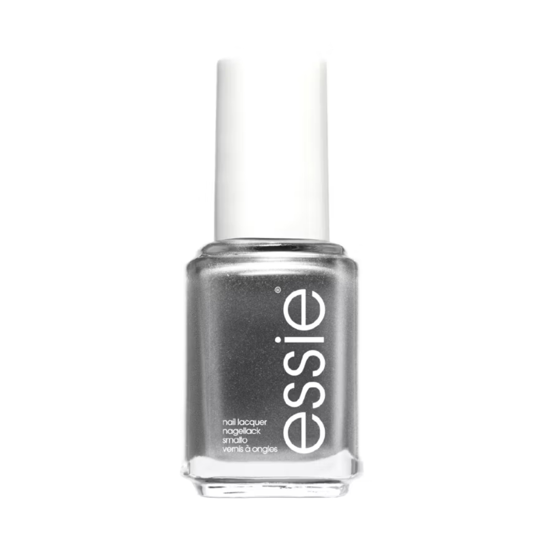 A product shot of the essie nail polish in Apres Chic (a chrome silver shade), on a white background