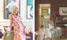 Left: A woman in a floral dress stands in a chic room with patterned wallpaper, large artwork, and a plum velvet sofa.Right: A rustic pantry view featuring a white marble farmhouse sink, brass faucet, yellow cabinetry, and warm wood walls.