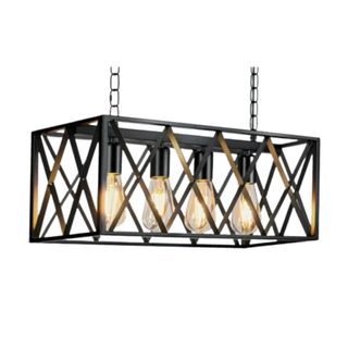 A black rectangular pendant light with a criss-cross pattern and four lit bulbs in it, with two chains on top