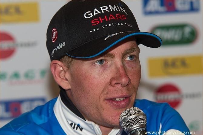 Andrew Talansky (Garmin-Sharp), stage 3 winner and new race leader, talks to the press after the podium ceremony.