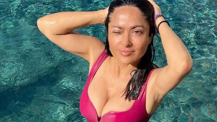 Salma Hayek posing in a swimsuit