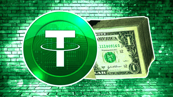 Tether coin and a stack of US one dollar bills