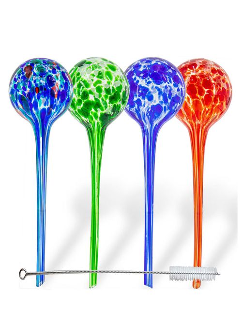 Large Aqua Glass Plant Watering Globes, 4 Piece Set